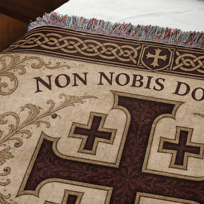 MyDesigns Medieval Tapestry Blanket – Non Nobis Domine Jerusalem Cross Woven Throw, Parchment Gold jacquard woven blanket