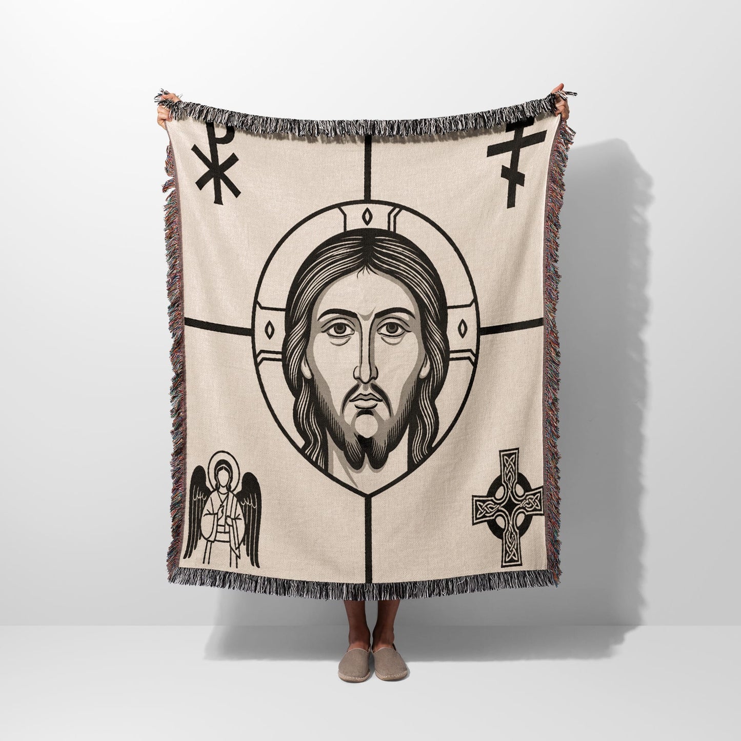 Blanket with Jesus Christ icon, angel, Celtic cross, and symbols.