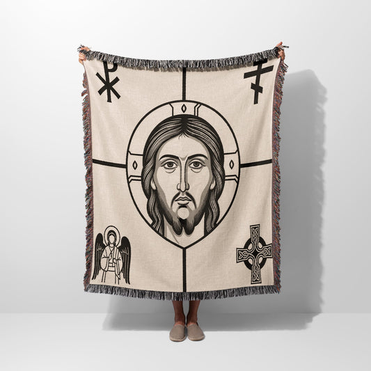 Blanket with Jesus Christ icon, angel, Celtic cross, and symbols.
