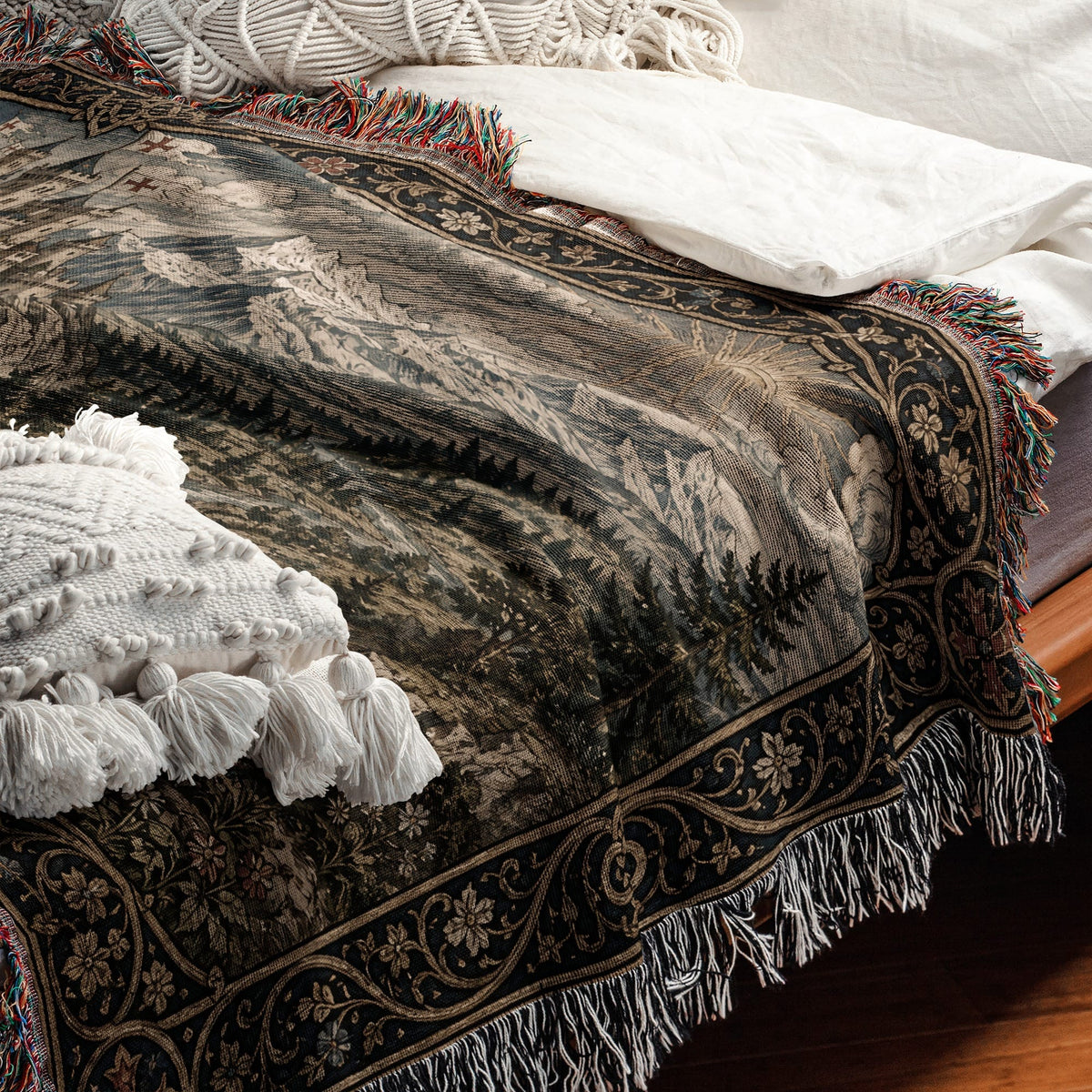 MyDesigns Castle Tapestry Blanket – Medieval Mountain Castle Woven Throw, Templar Banners jacquard woven blanket