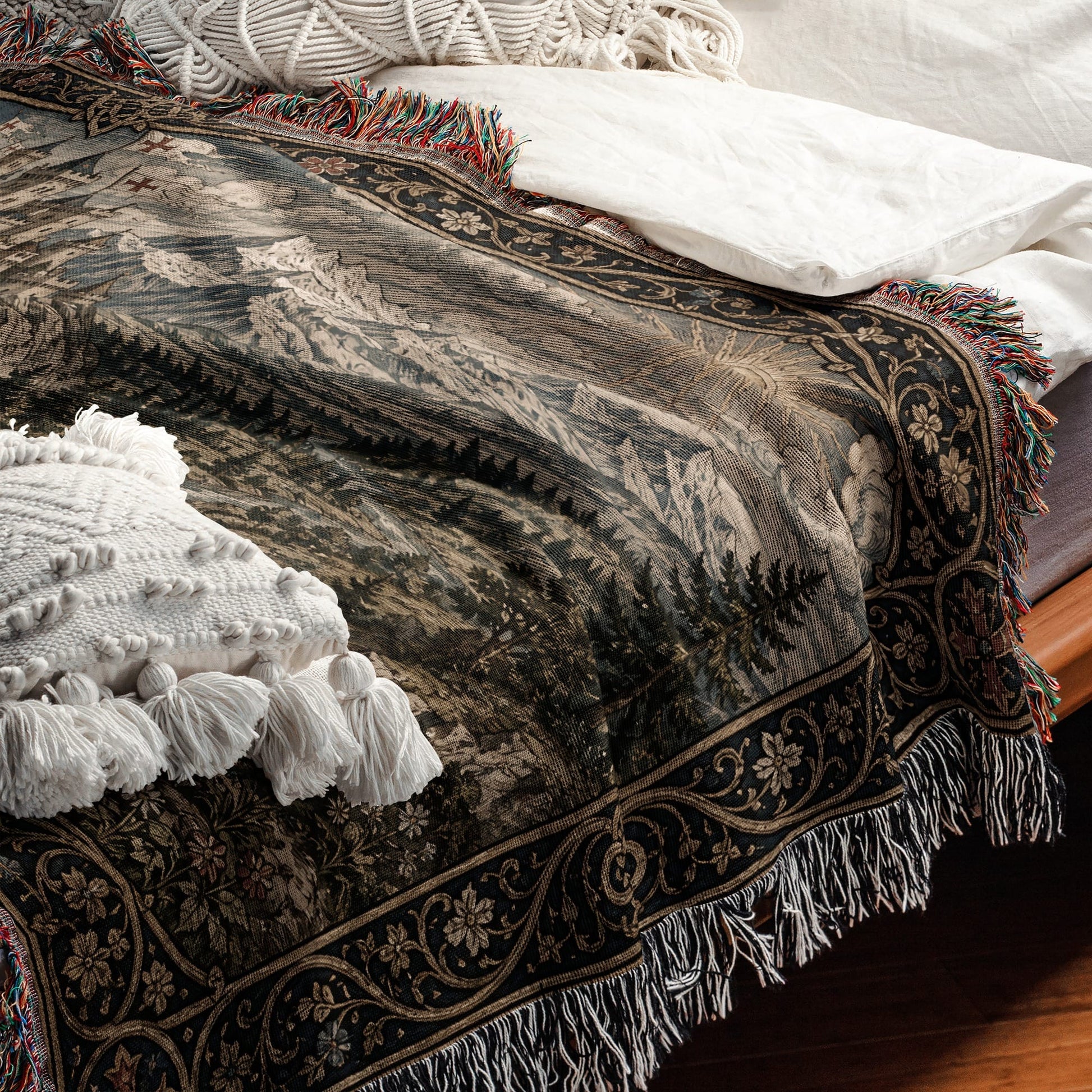 MyDesigns Castle Tapestry Blanket – Medieval Mountain Castle Woven Throw, Templar Banners jacquard woven blanket