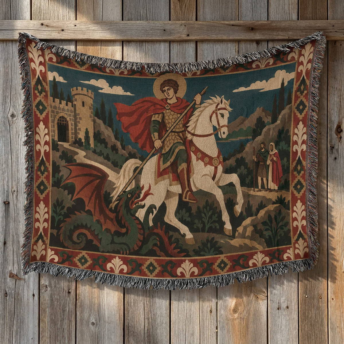 CalmNestStyle Saint George Folk Art Dragon Slayer jacquard woven blanket