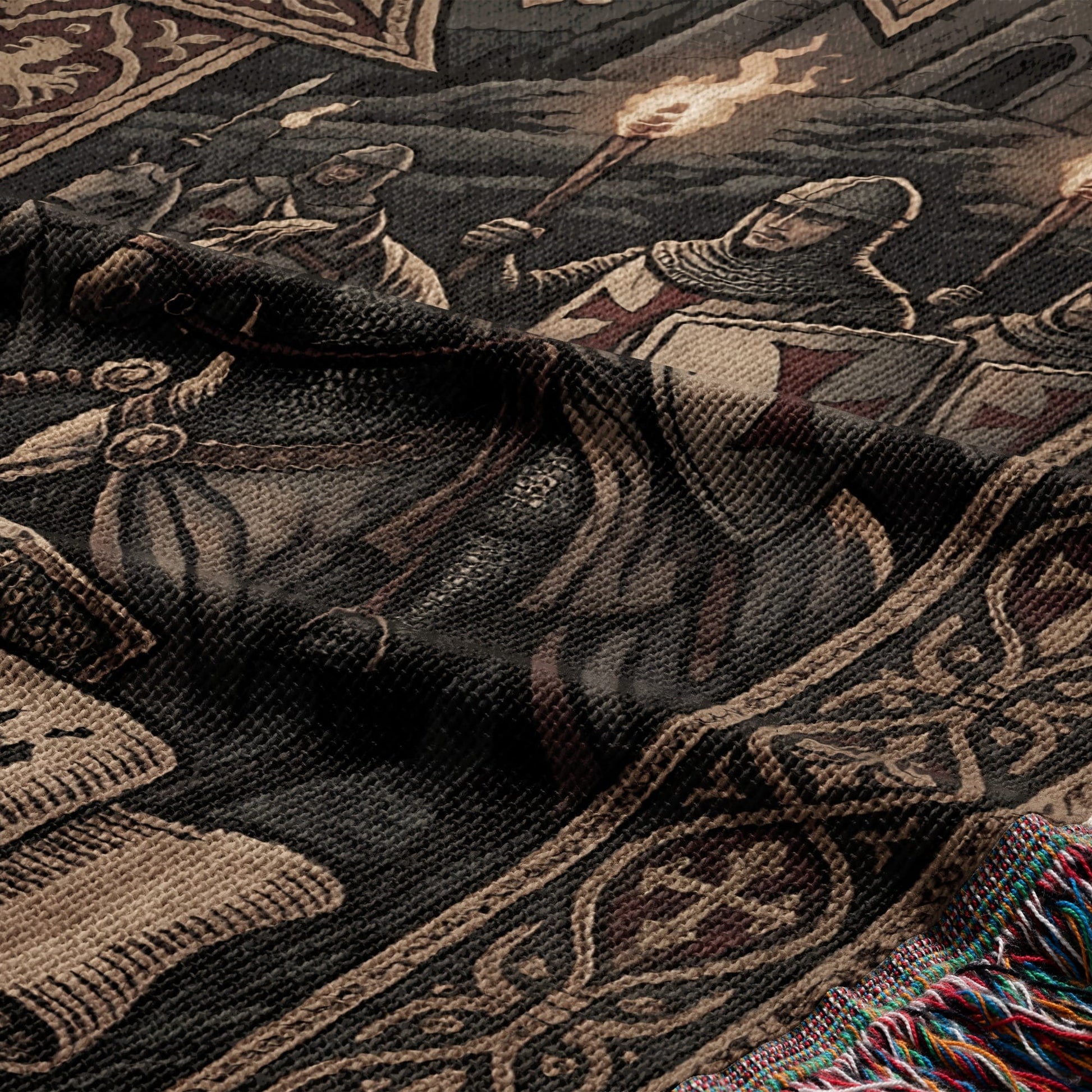 Tapestry depicts medieval knights with swords and shields, one holding a torch.