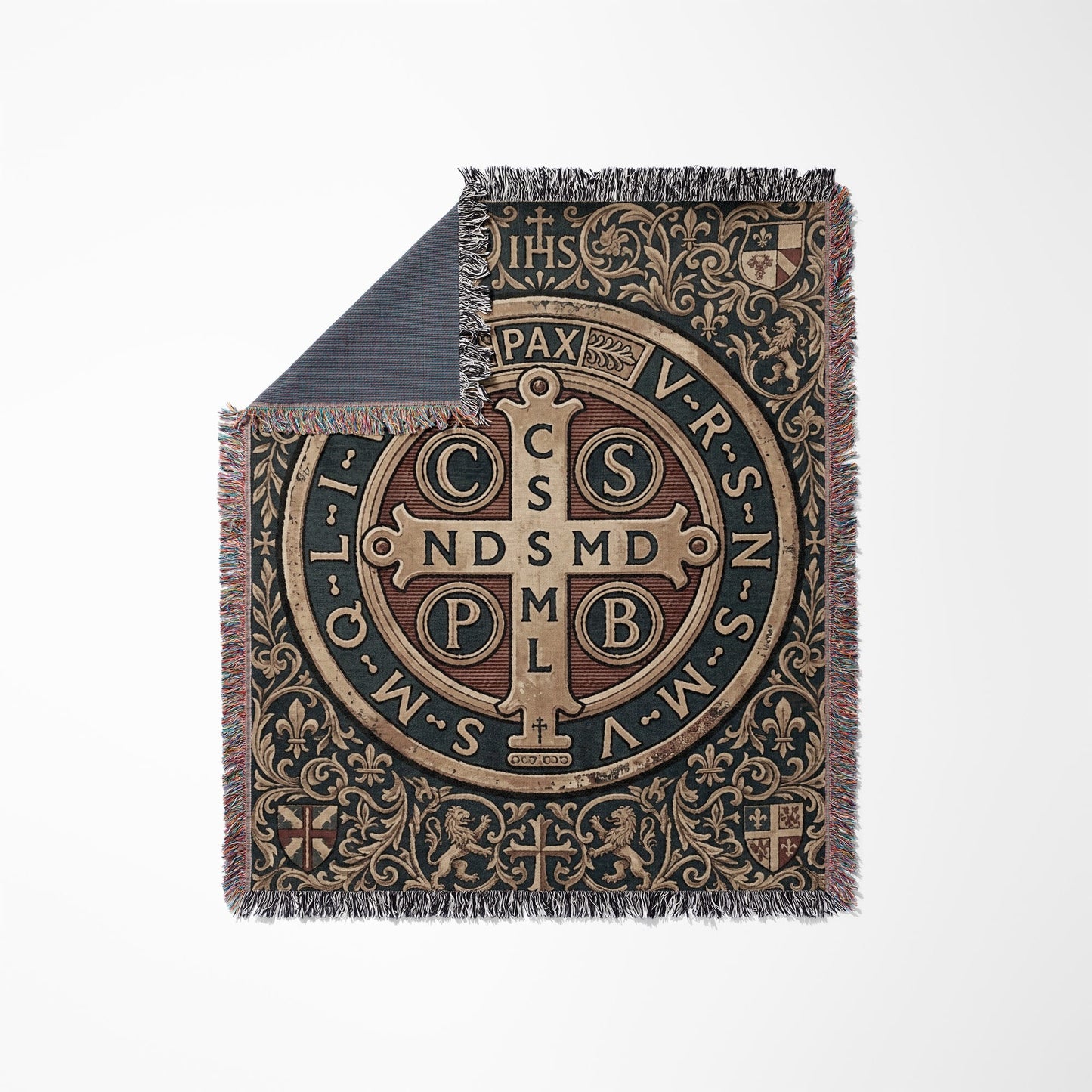 Woven blanket with Saint Benedict medal design featuring IHS and PAX text.