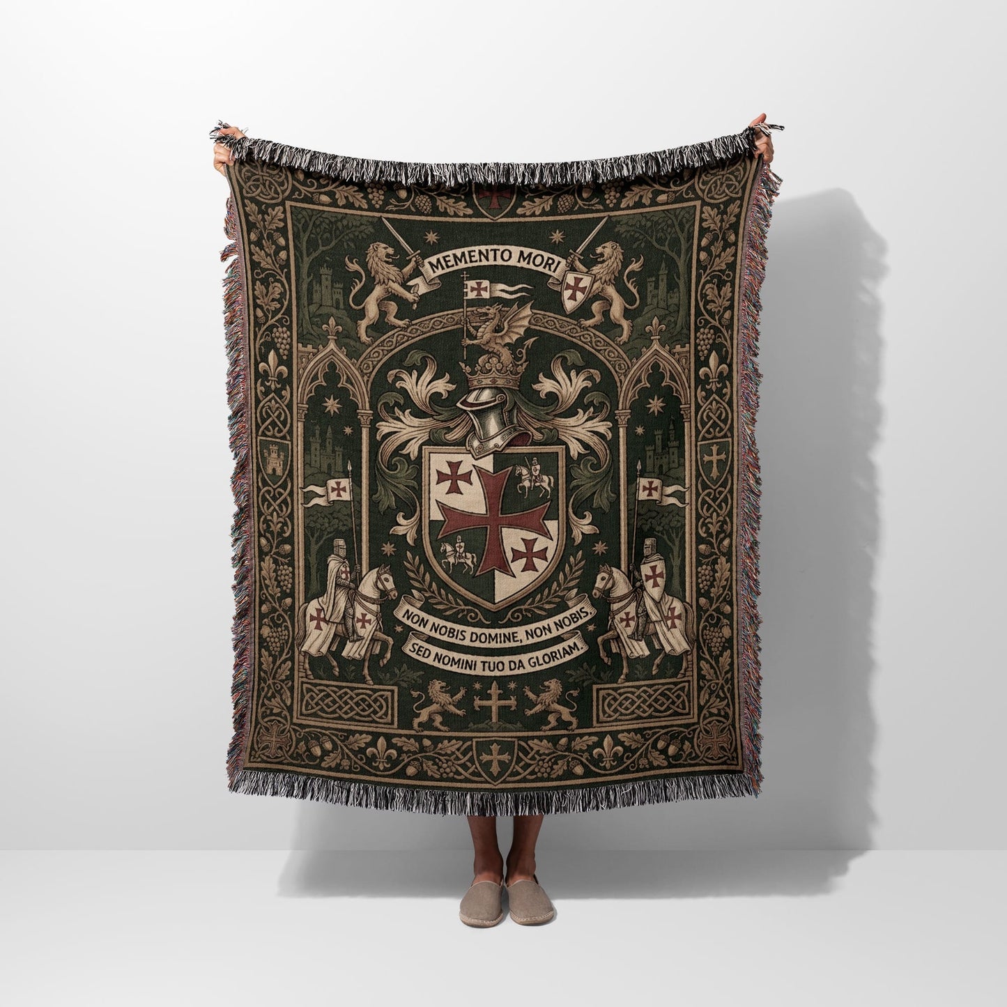 Woven blanket with medieval crest, lions, knights, dragon, and Latin text.