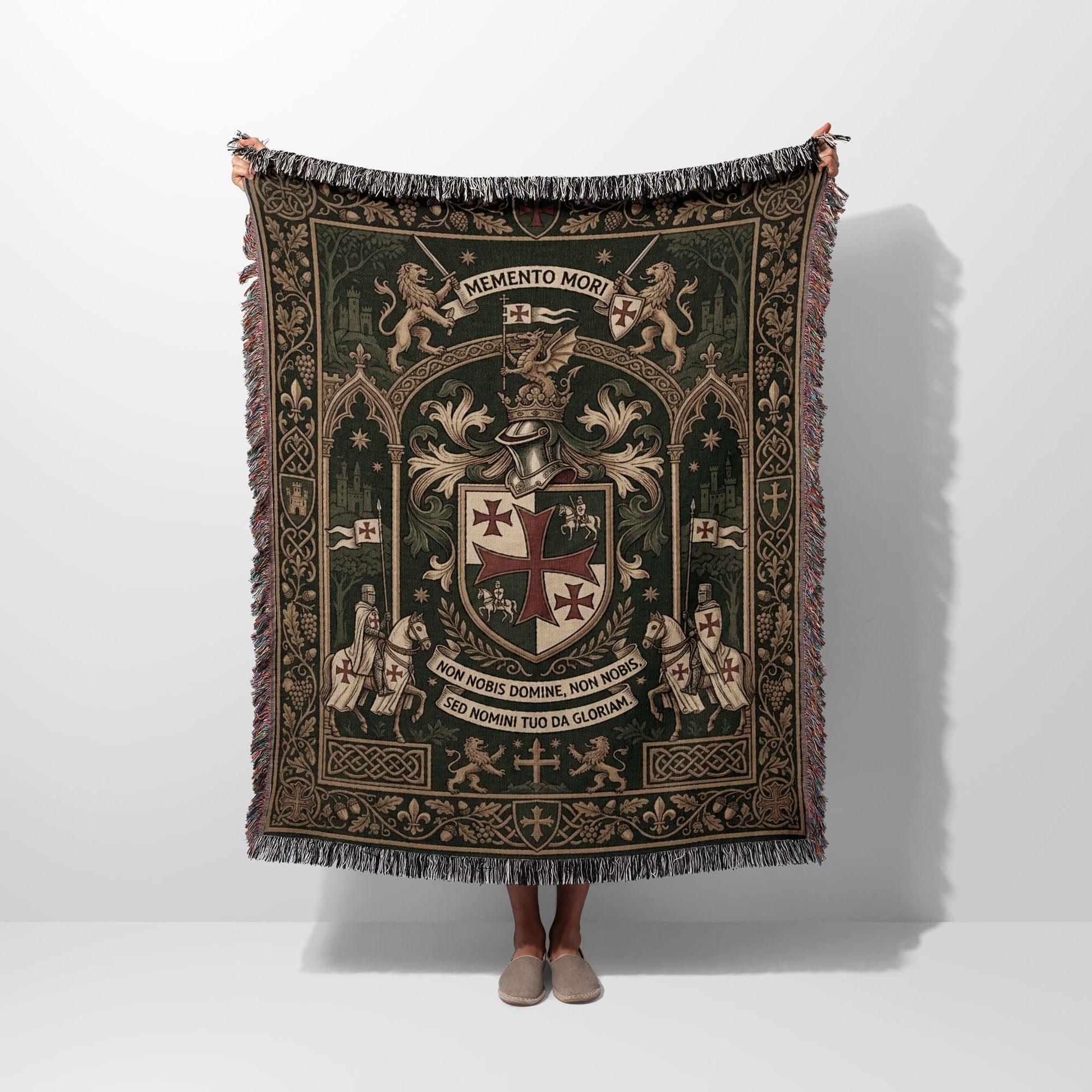 Woven blanket with medieval crest, lions, knights, dragon, and Latin text.