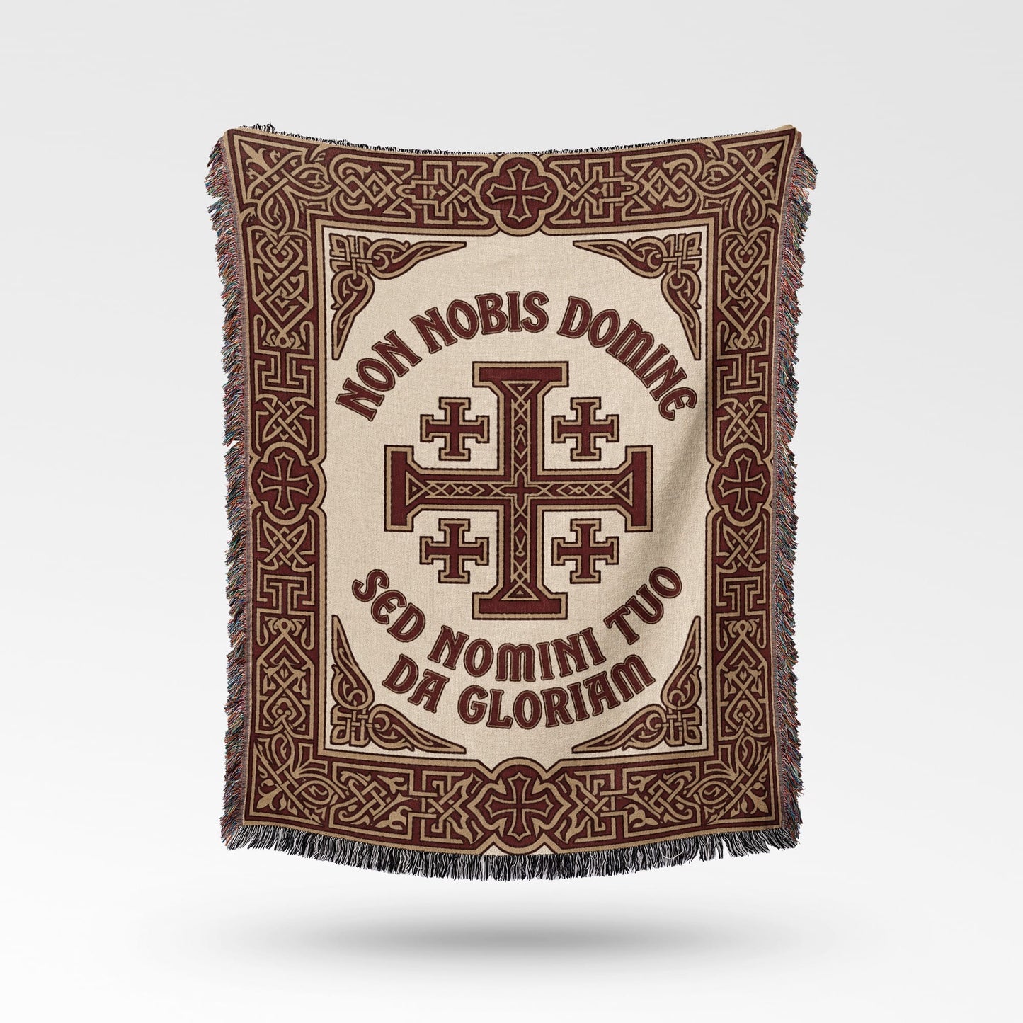 Woven blanket with cross design and text "NON NOBIS DOMINE SED NOMINI TUO DA GLORIAM".