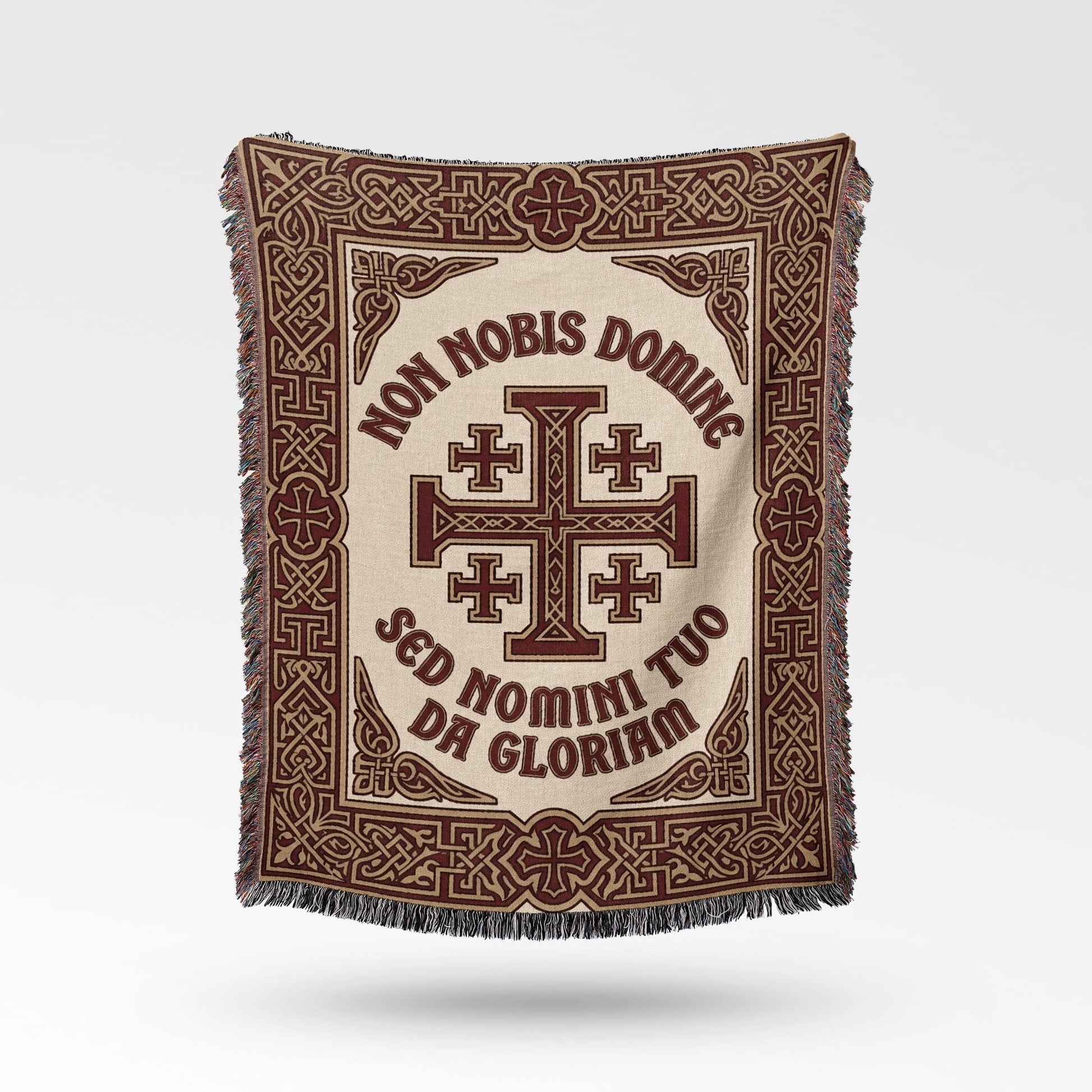 Woven blanket with cross design and text "NON NOBIS DOMINE SED NOMINI TUO DA GLORIAM".