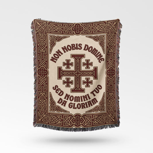 Woven blanket with cross design and text "NON NOBIS DOMINE SED NOMINI TUO DA GLORIAM".