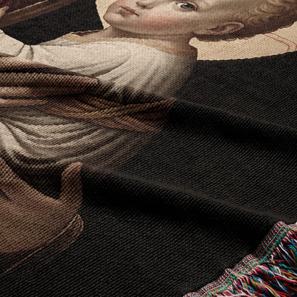 Tapestry depicting a child with brown hair, wearing white, against a dark background.