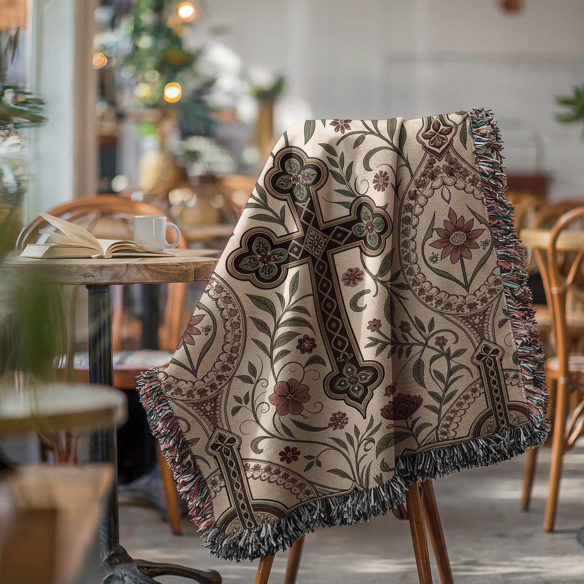Ornate Cross Patterned Tapestry Decorative Throw Blanket