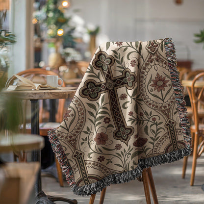 Ornate Cross Patterned Tapestry Decorative Throw Blanket