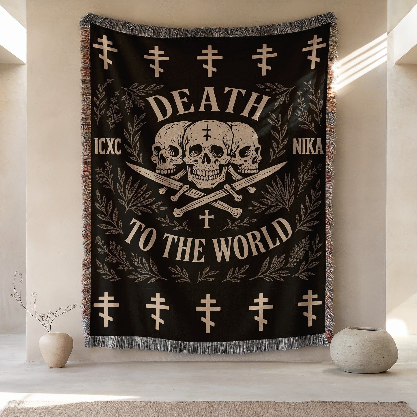 Striking Gothic Tapestry with Skull and Sword Design
