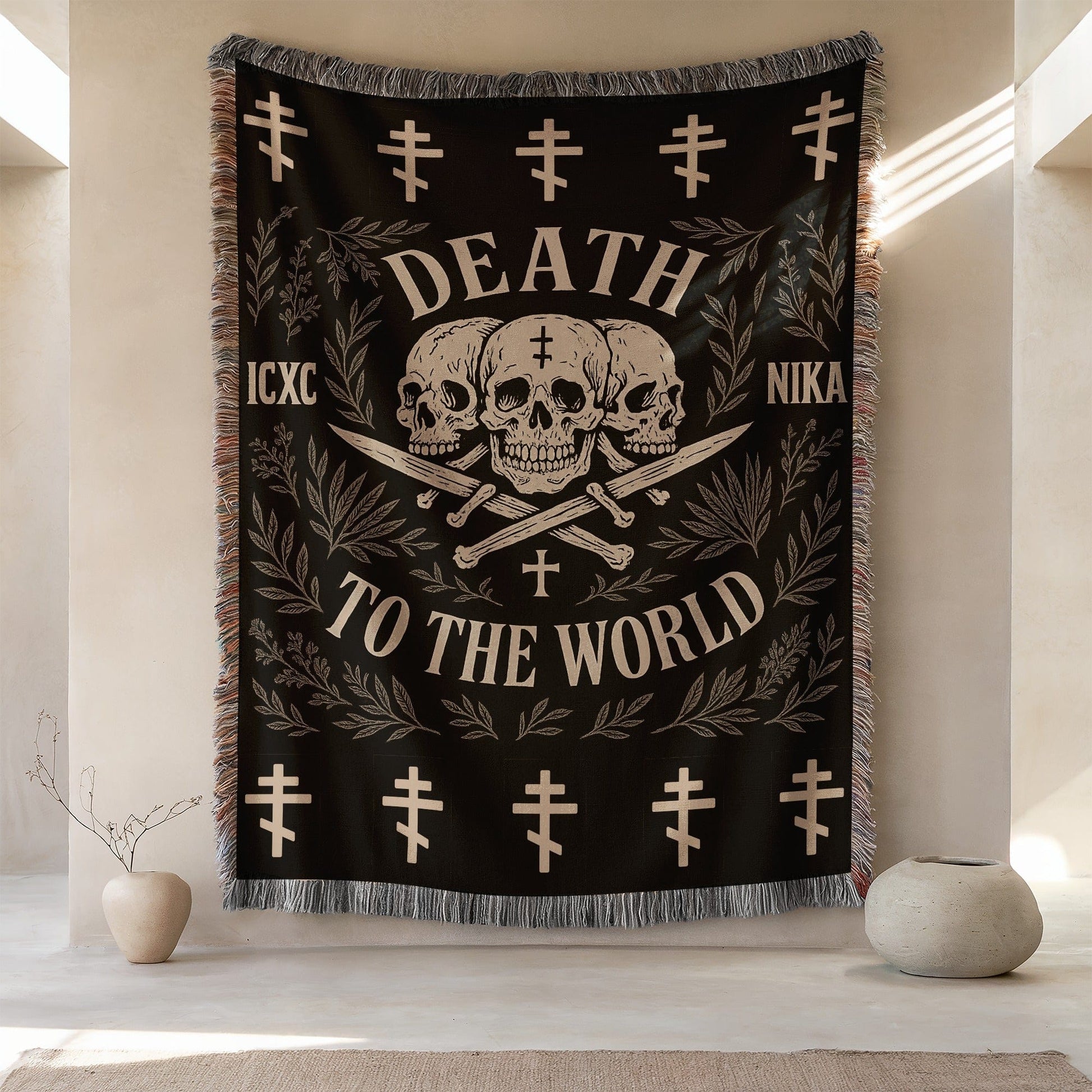 Striking Gothic Tapestry with Skull and Sword Design