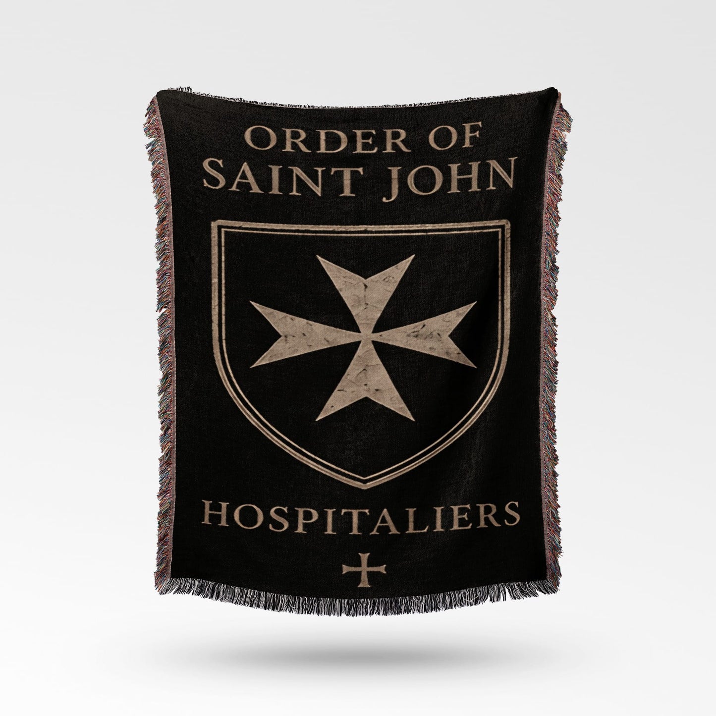 Black blanket with Order of Saint John Hospitaliers text and Maltese cross.
