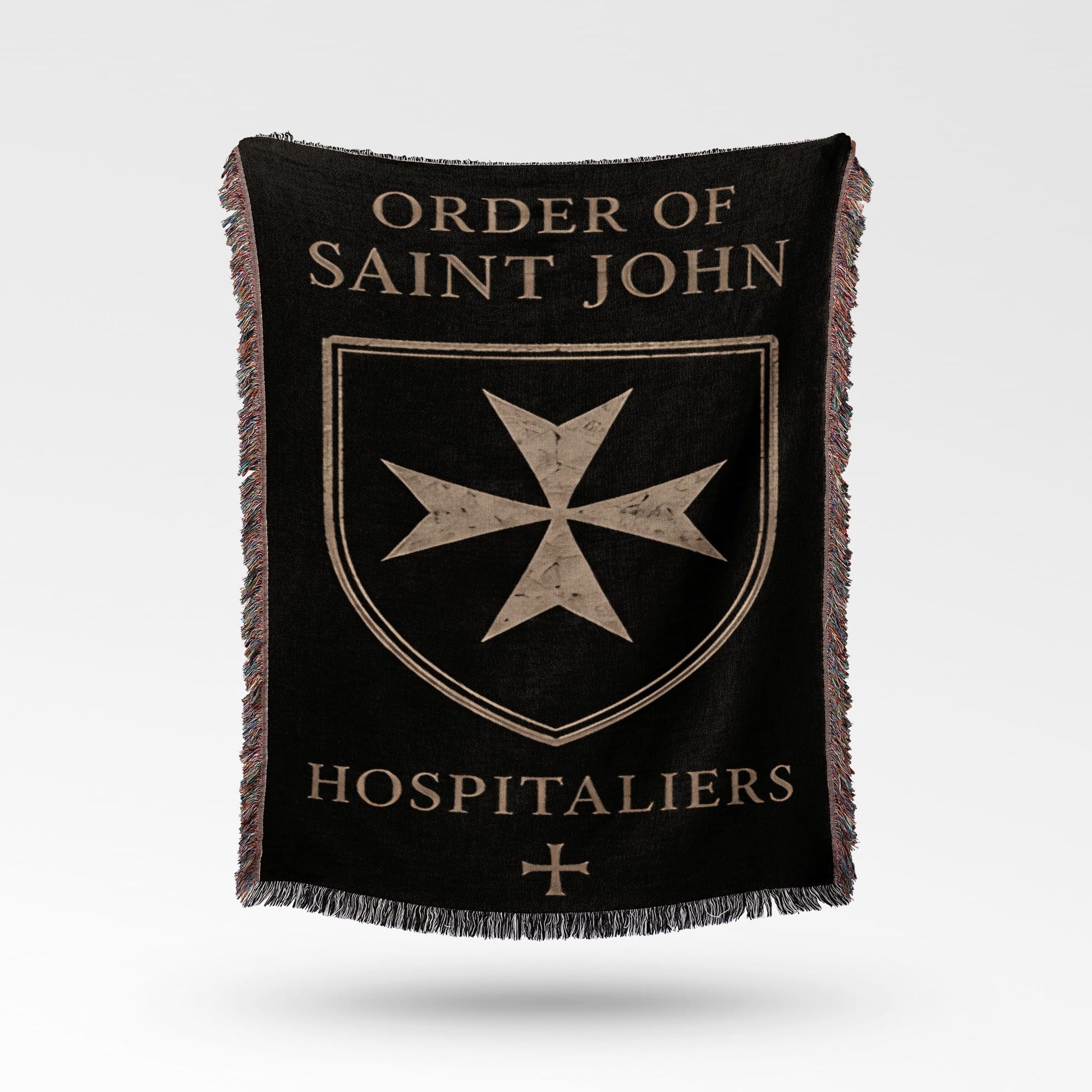 Black blanket with Order of Saint John Hospitaliers text and Maltese cross.