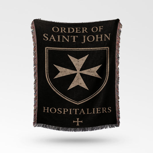 Black blanket with Order of Saint John Hospitaliers text and Maltese cross.