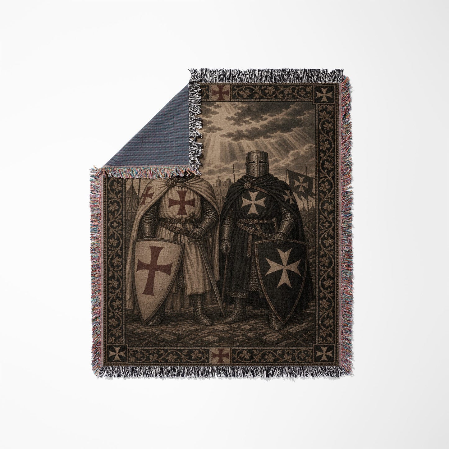 Two knights in full armor with red and black crosses on shields.