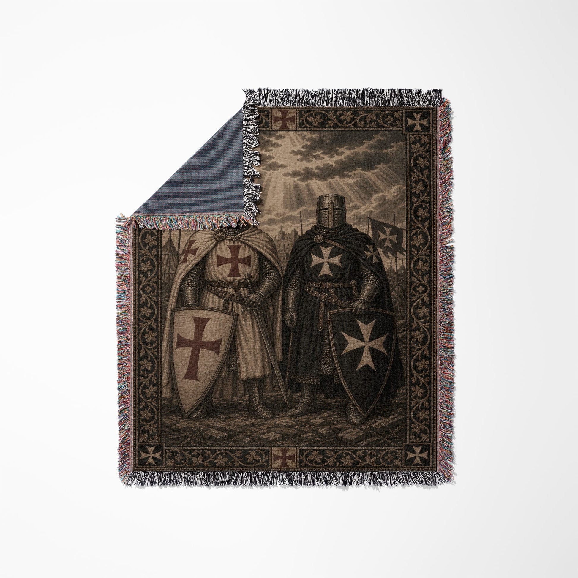 Two knights in full armor with red and black crosses on shields.