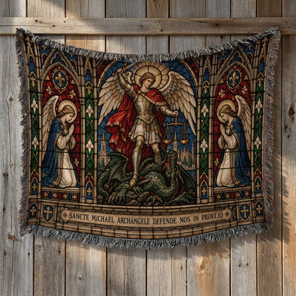 CalmNestStyle Saint Michael Stained Glass Prayer jacquard woven blanket