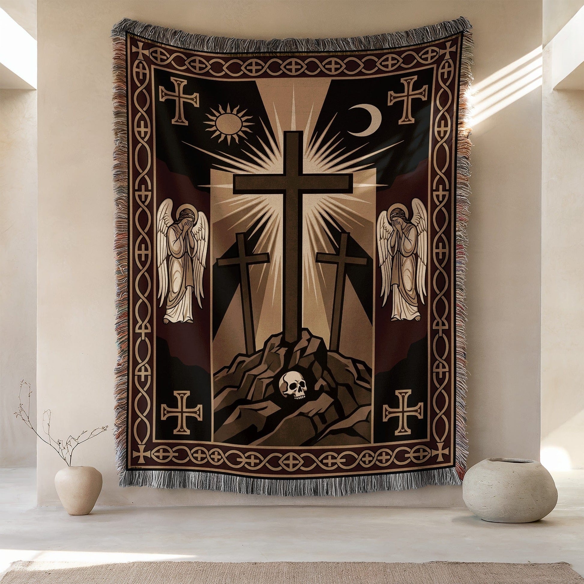 Gothic Tapestry with Crosses and Angels Design