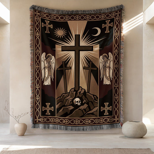 Gothic Tapestry with Crosses and Angels Design