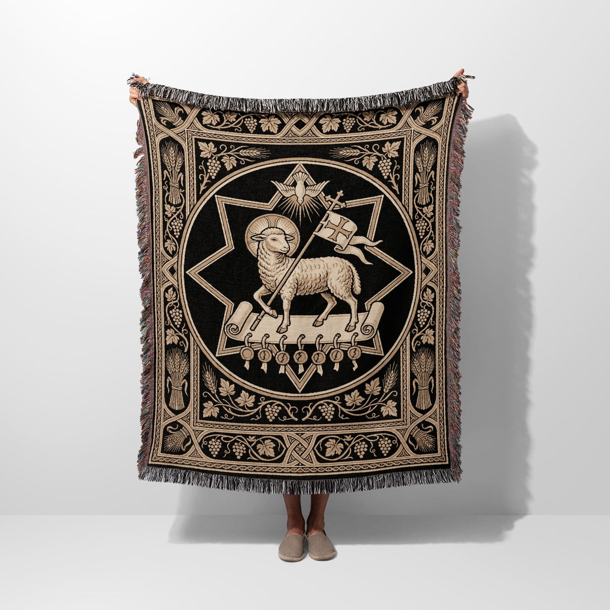 CalmNestStyle Ecclesiastical Lamb & Scroll Woven Blanket jacquard woven blanket