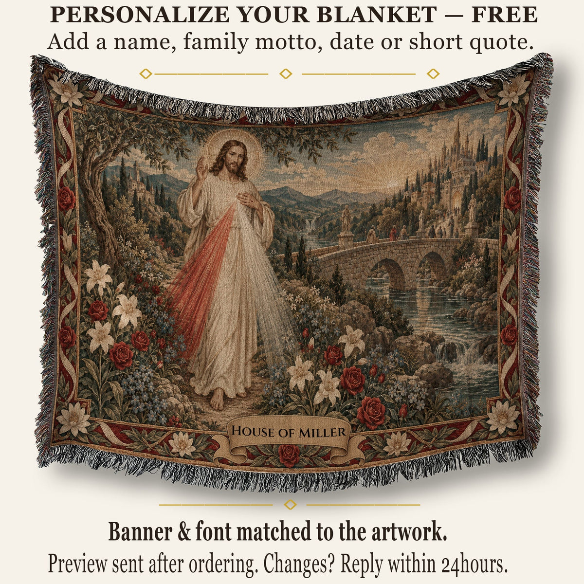 Customizable woven blanket featuring a religious tapestry design of Jesus and a stone bridge, with a personalized name banner.