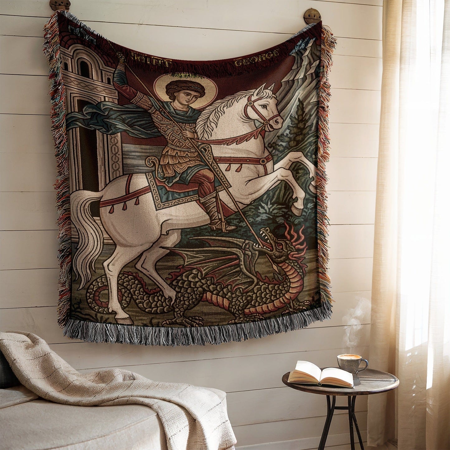 Ornate Woven Tapestry with Medieval Horseman Design