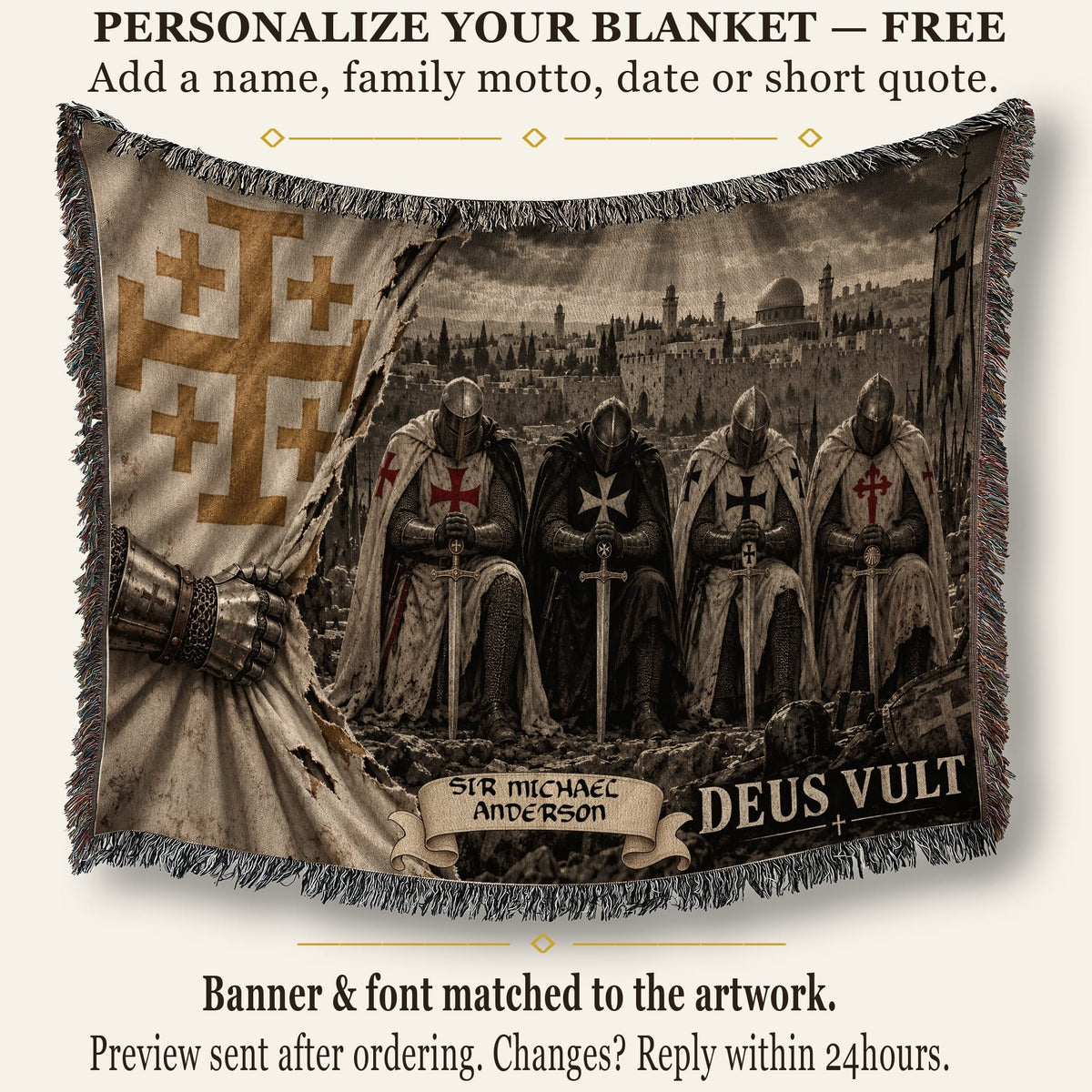 CalmNestStyle Crusader Knights Kneeling Before Jerusalem Woven Blanket jacquard woven blanket