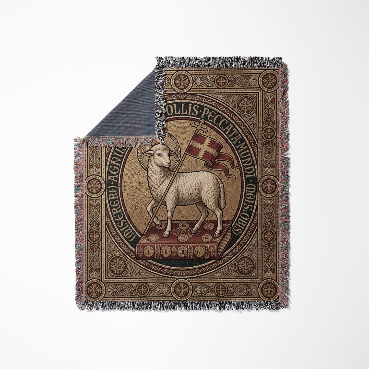 Lamb of God on open book with circular Latin text and patterned border.