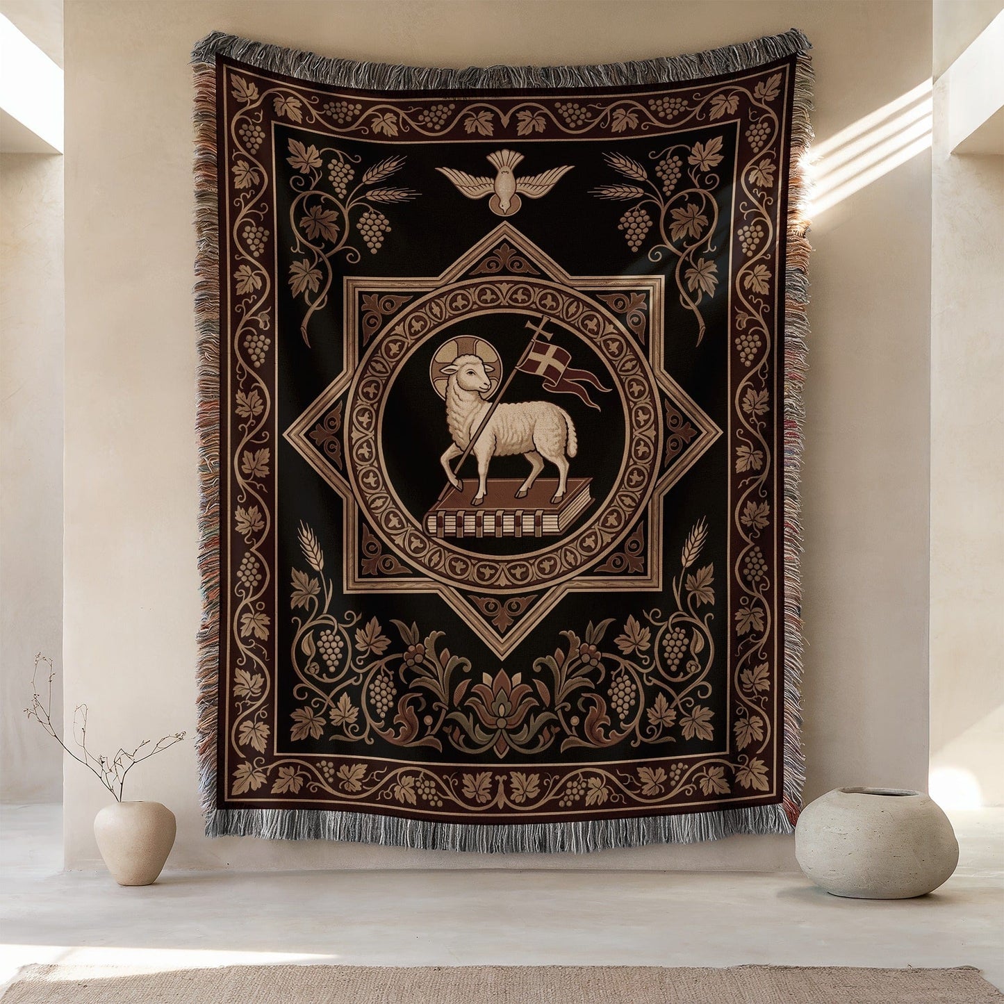 Ornate Religious Themed Throw Blanket with Lamb Design