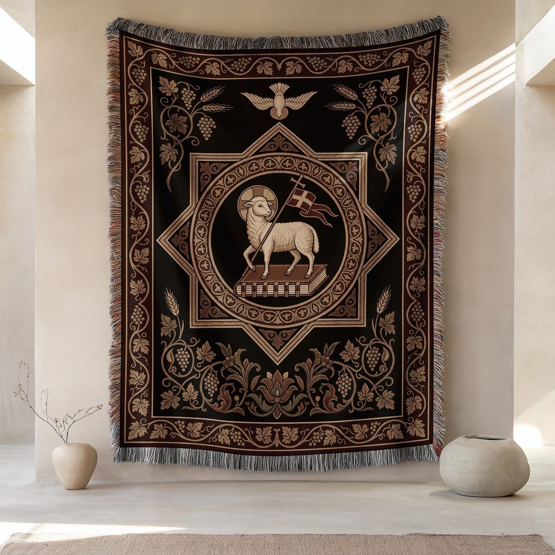 Ornate Religious Themed Throw Blanket with Lamb Design