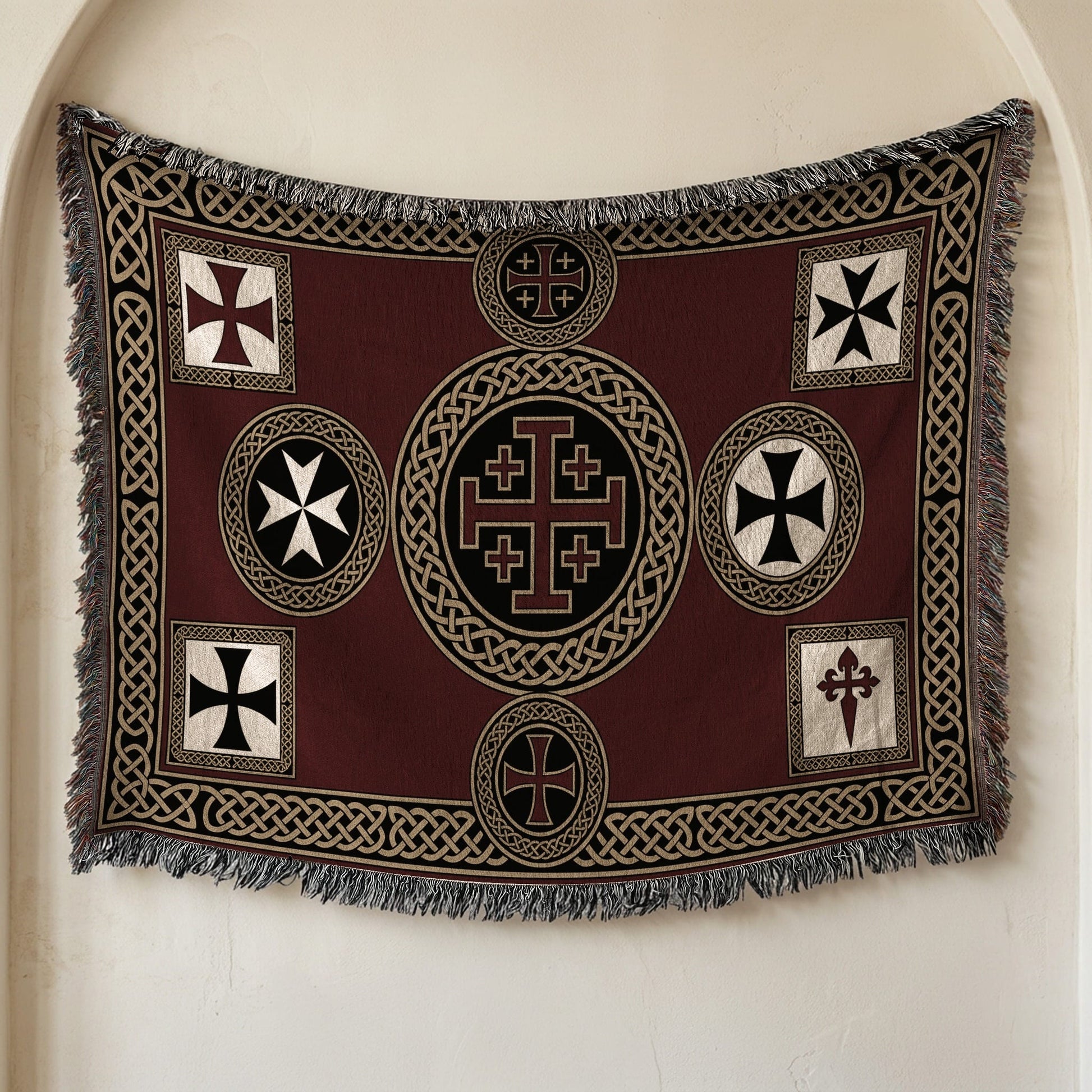 MyDesigns Medieval Wall Hanging Blanket – Red Jerusalem Cross Medallion, Crusader Orders jacquard woven blanket