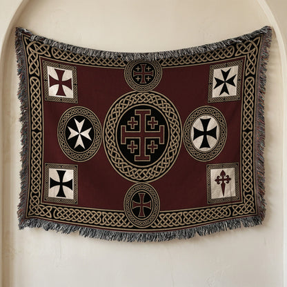 MyDesigns Medieval Wall Hanging Blanket – Red Jerusalem Cross Medallion, Crusader Orders jacquard woven blanket