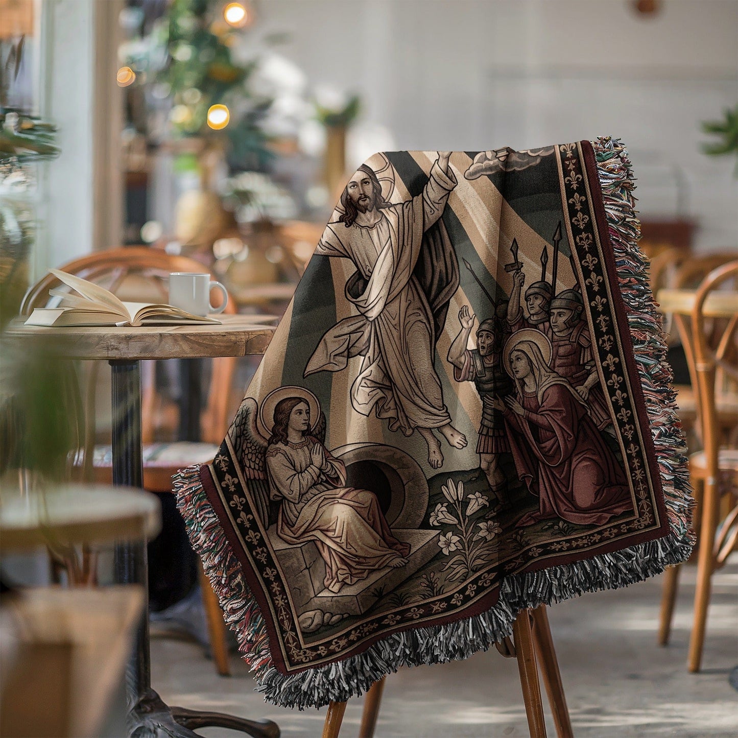 Religious Artwork Woven Throw Blanket with Tassels