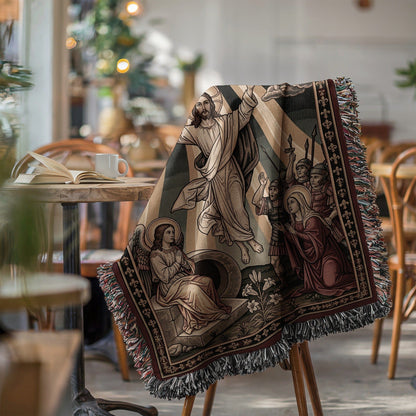 Religious Artwork Woven Throw Blanket with Tassels