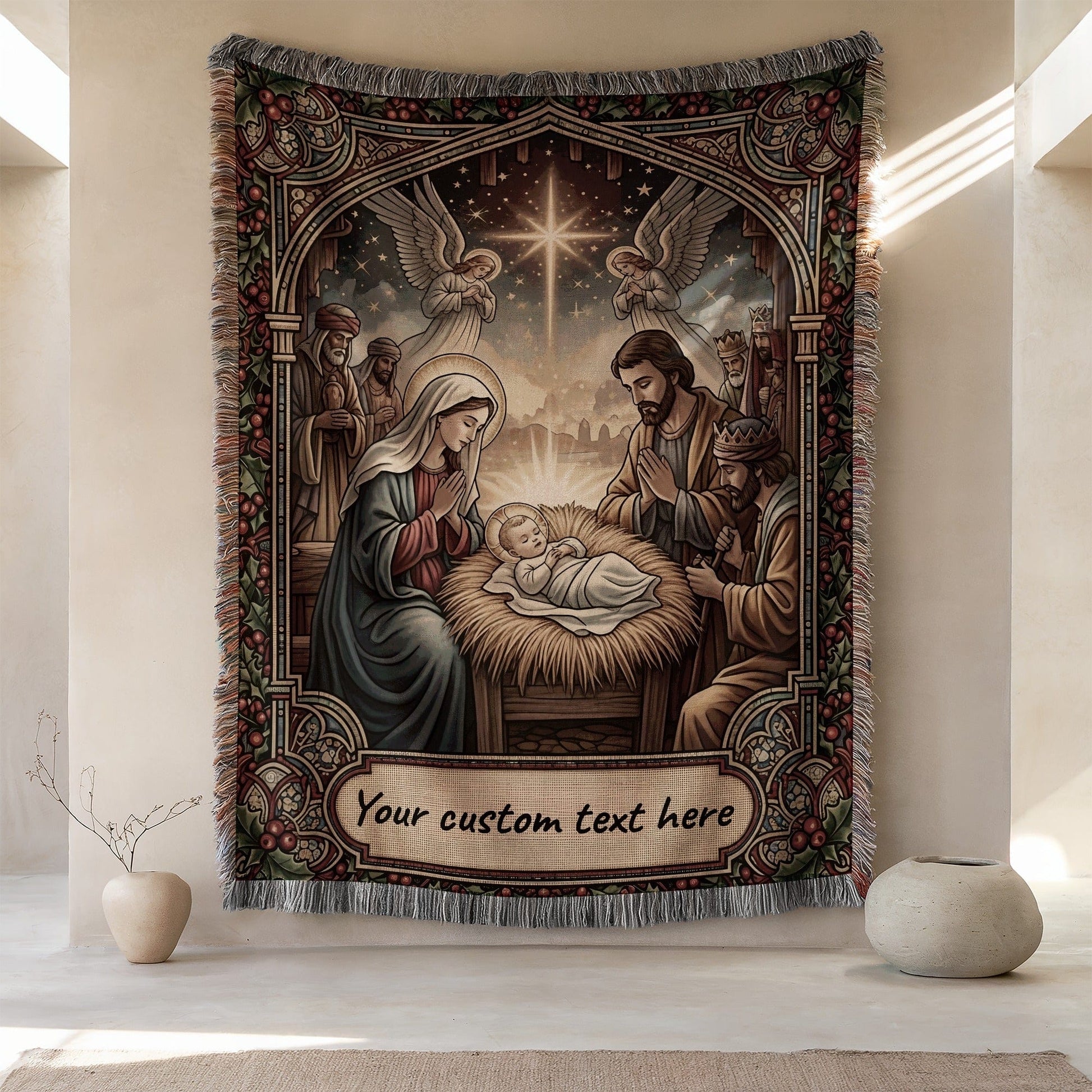 CalmNestStyle Angelic Nativity Scene Stained Glass Style Art custom woven blanket jacquard woven blanket
