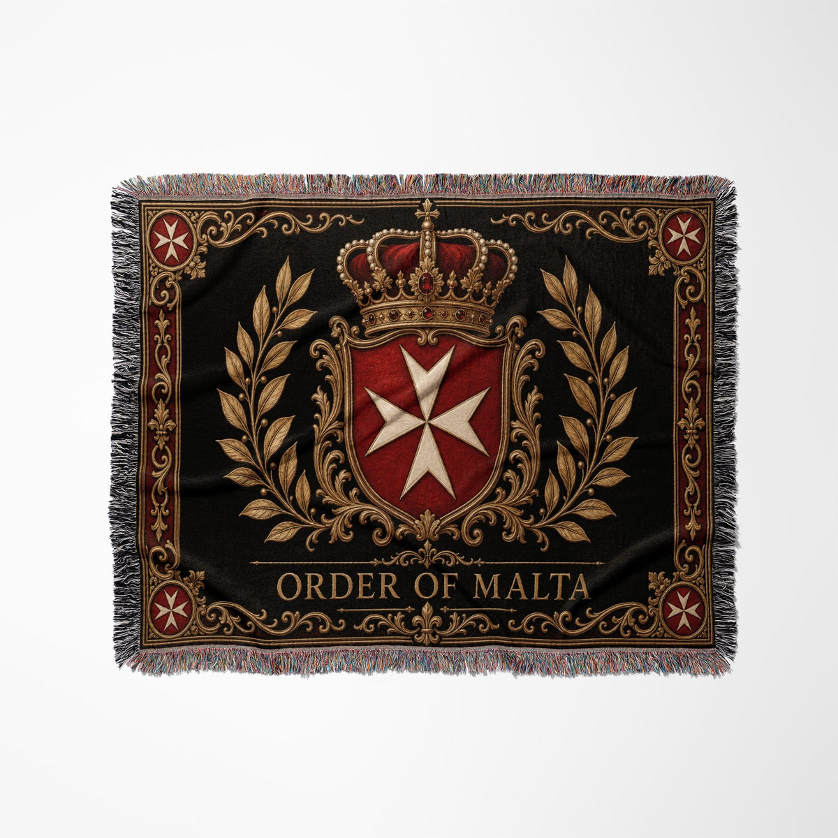 CalmNestStyle Order of Malta Crown and Laurel Black Gold Woven Blanket jacquard woven blanket