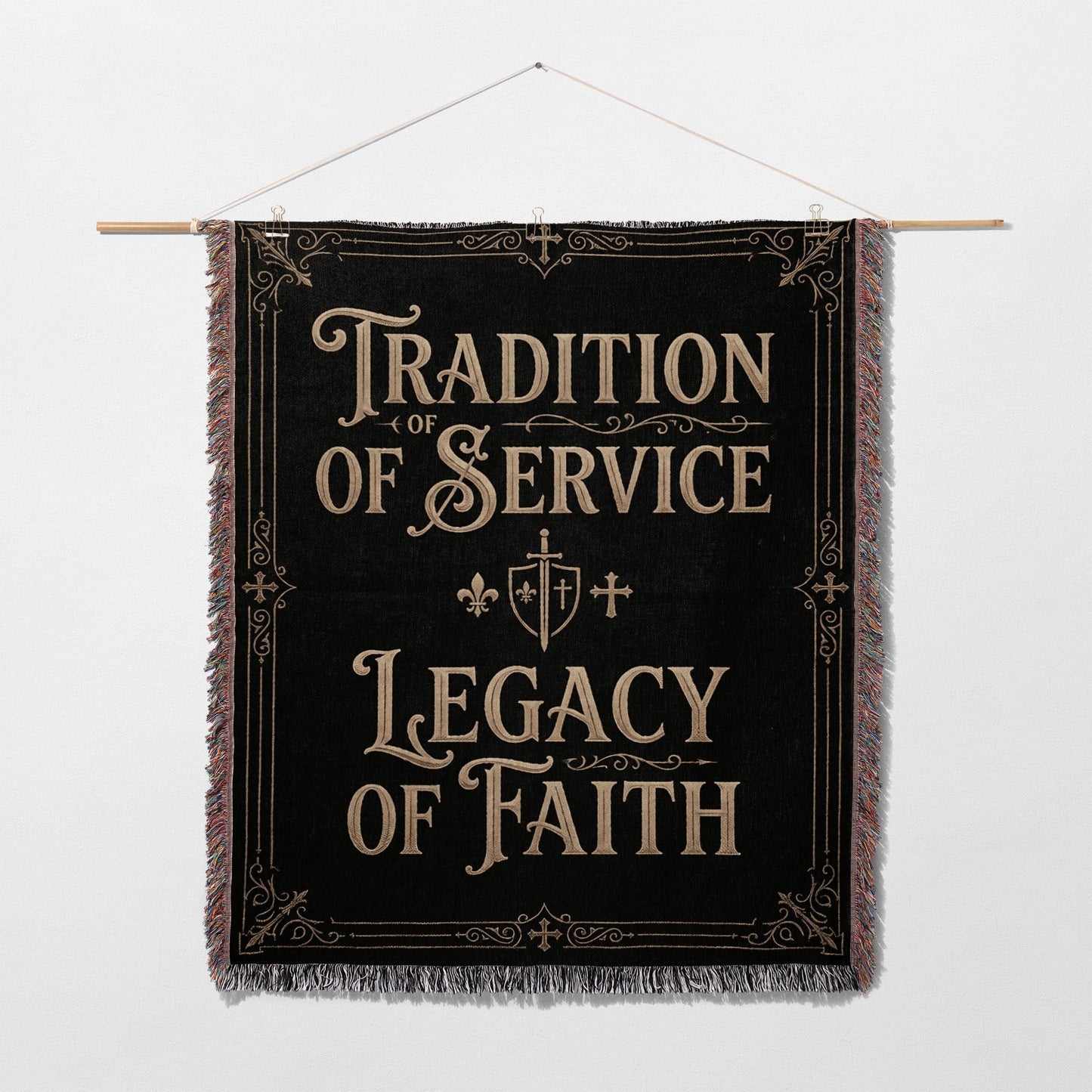 Black tapestry with gold text "Tradition of Service Legacy of Faith" and crests.
