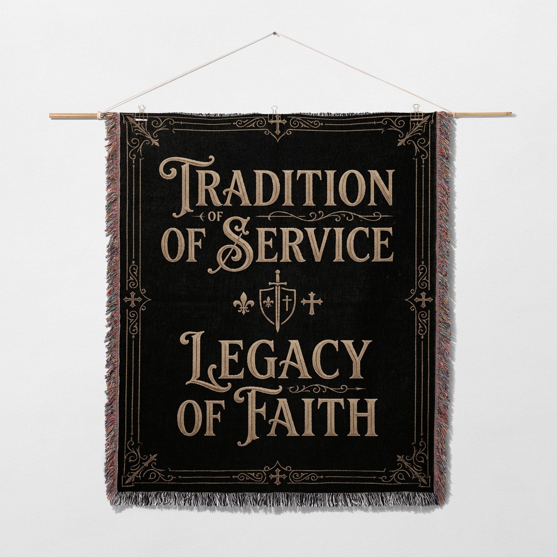 Black tapestry with gold text "Tradition of Service Legacy of Faith" and crests.