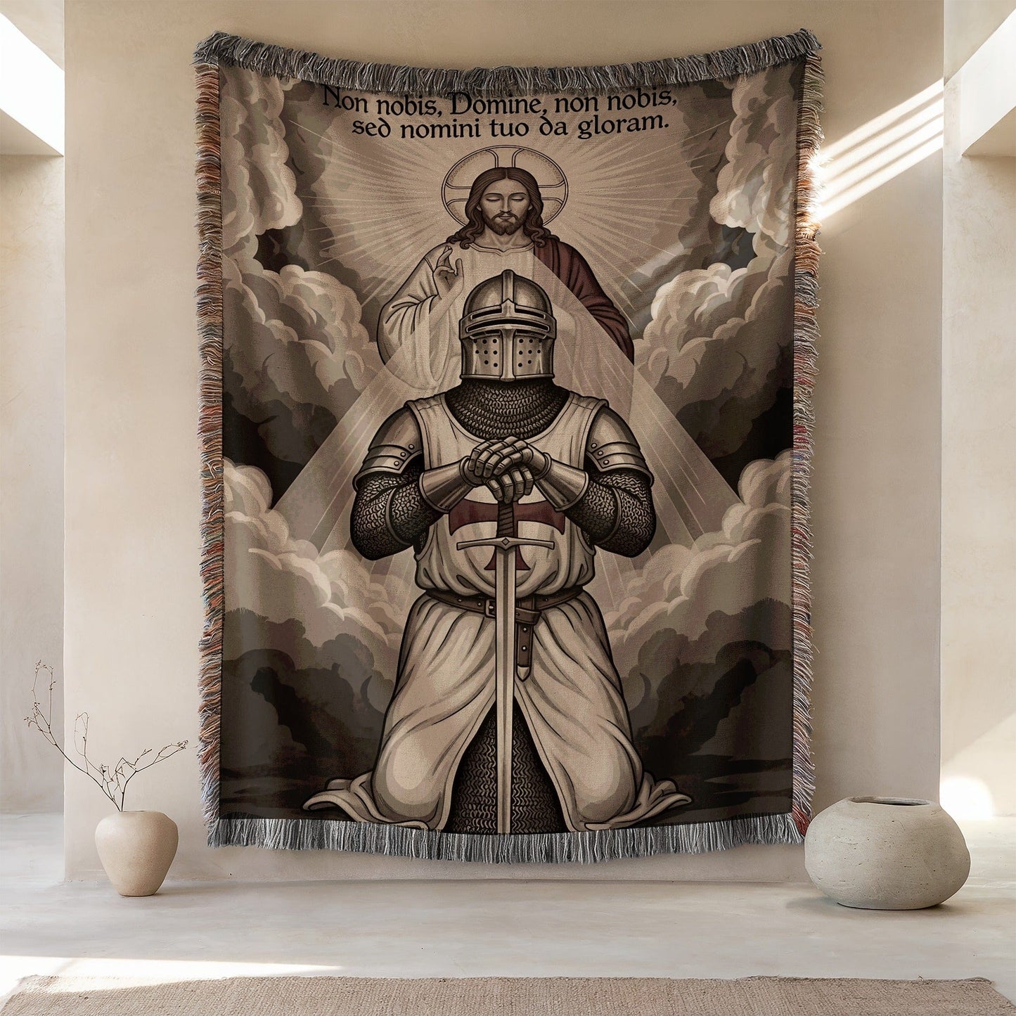 Non Nobis Knight and Saint Tapestry Wall Hanging Decor