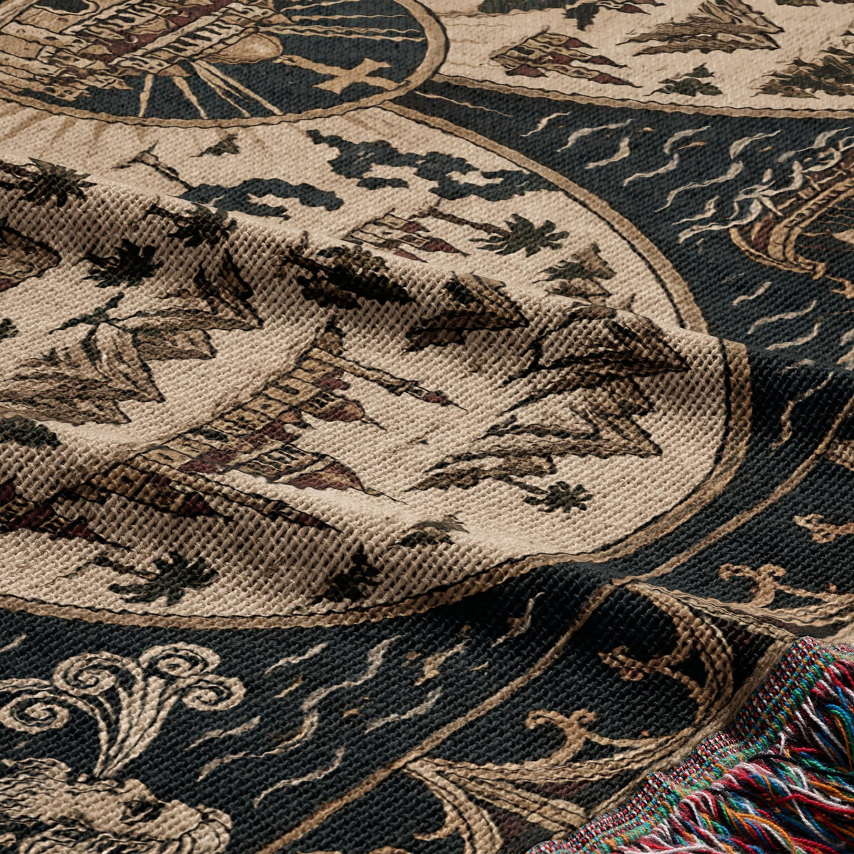 CalmNestStyle Mappa Mundi I Ships and Sea Monsters jacquard woven blanket