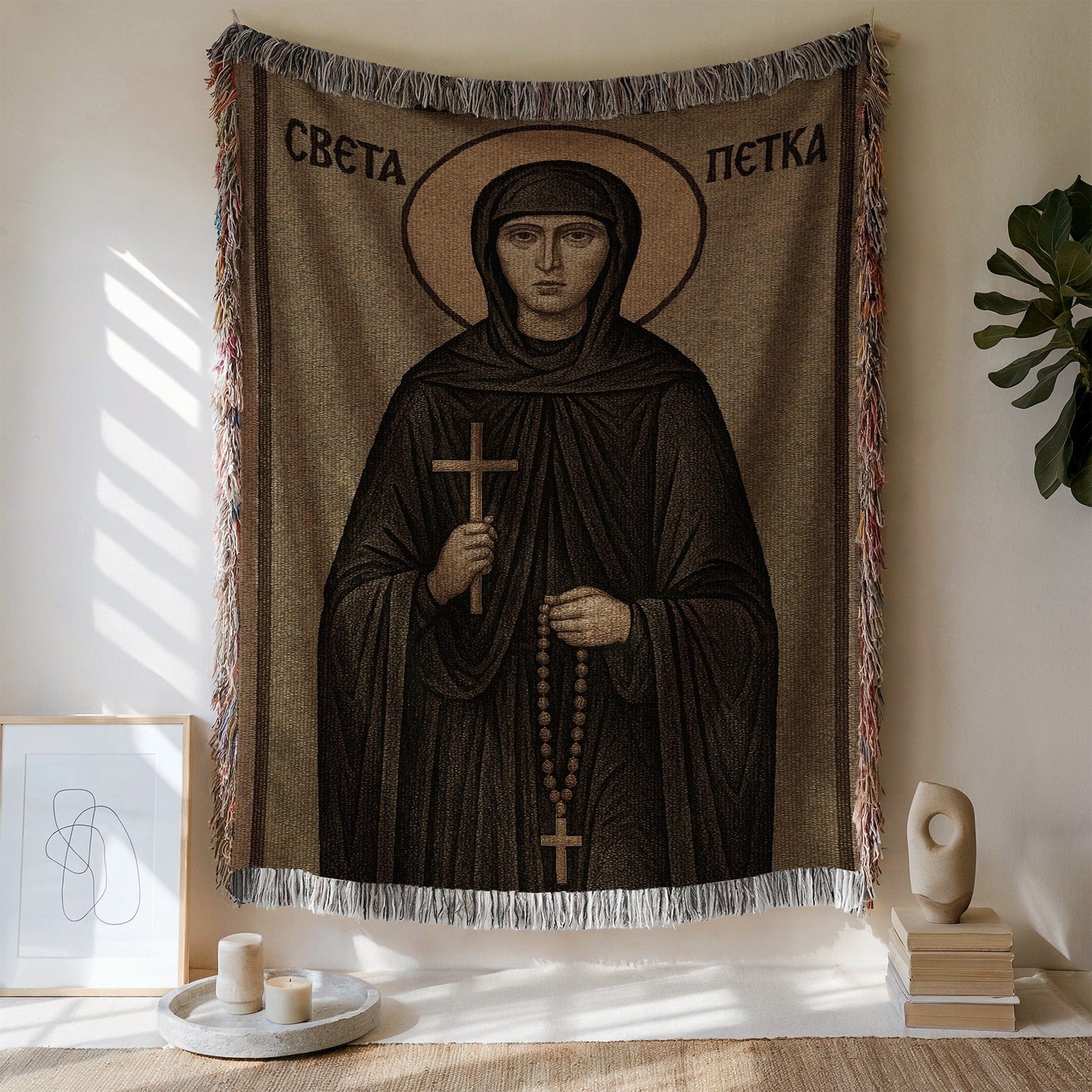 Religious Artwork Wall Hanging with Fringed Edges