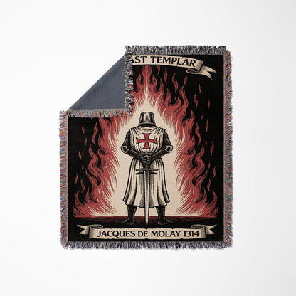 Templar knight with sword and shield against flames, text "LAST TEMPLAR JACQUES DE MOLAY 1314".