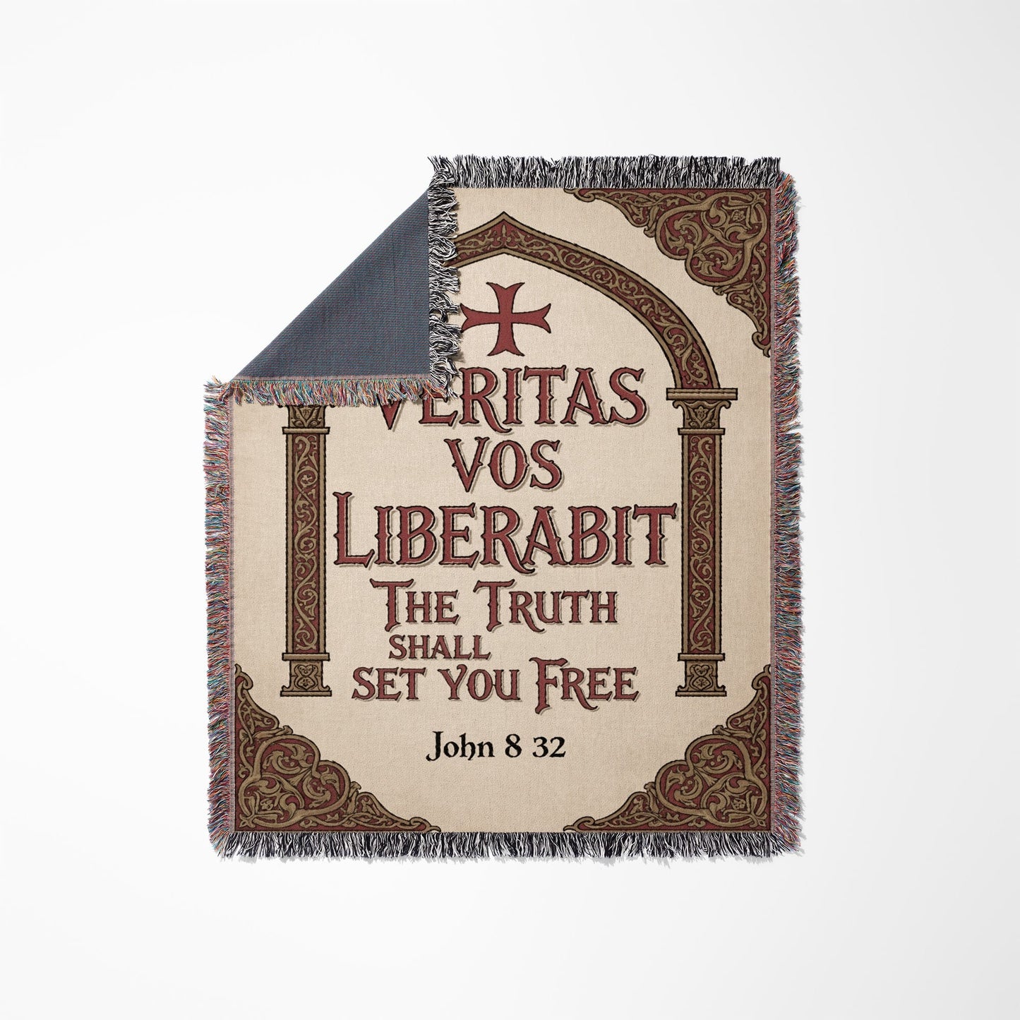 Woven blanket with Latin scripture "Veritas Vos Liberabit" and English translation "The Truth Shall Set You Free".
