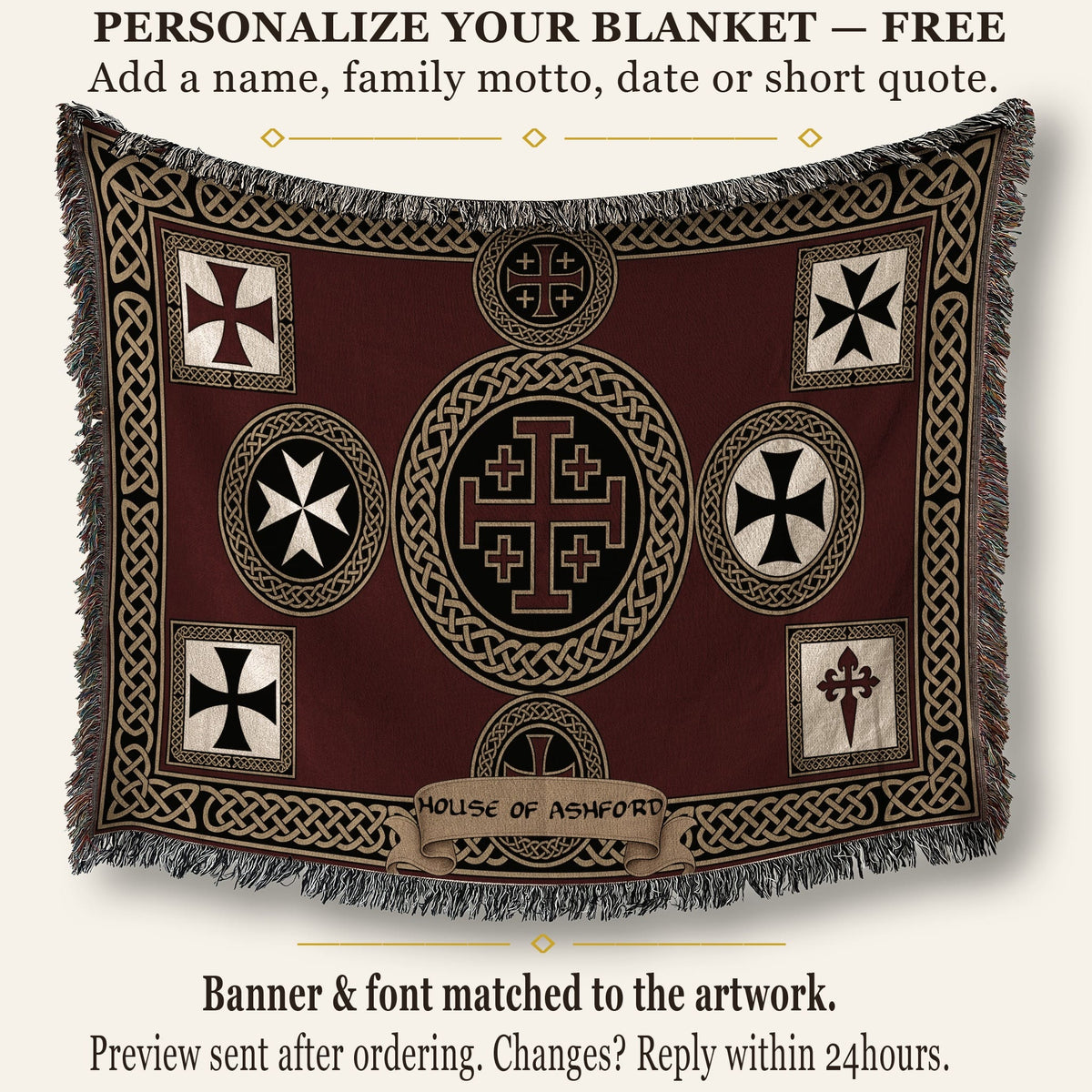 MyDesigns Medieval Wall Hanging Blanket – Red Jerusalem Cross Medallion, Crusader Orders jacquard woven blanket