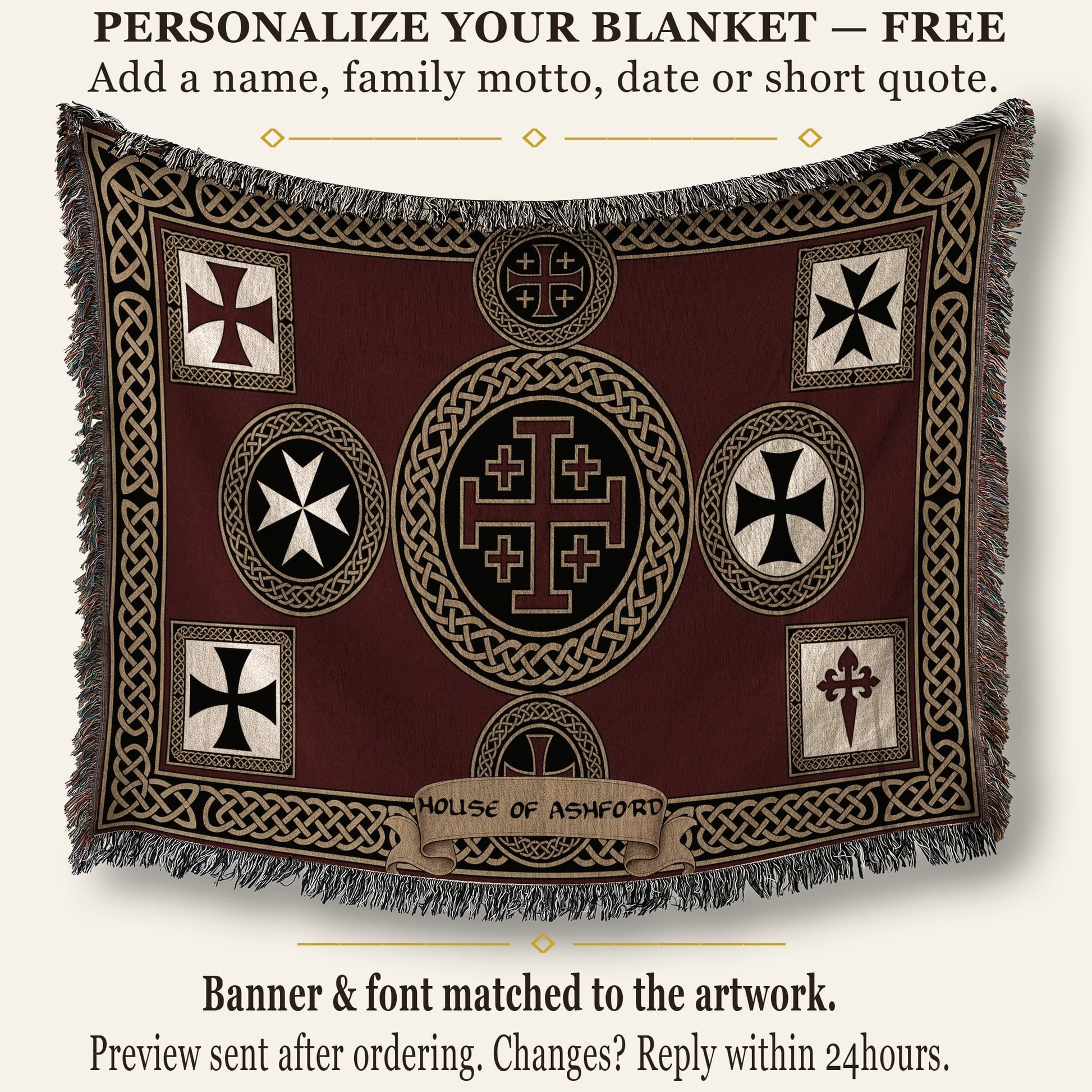 MyDesigns Medieval Wall Hanging Blanket – Red Jerusalem Cross Medallion, Crusader Orders jacquard woven blanket
