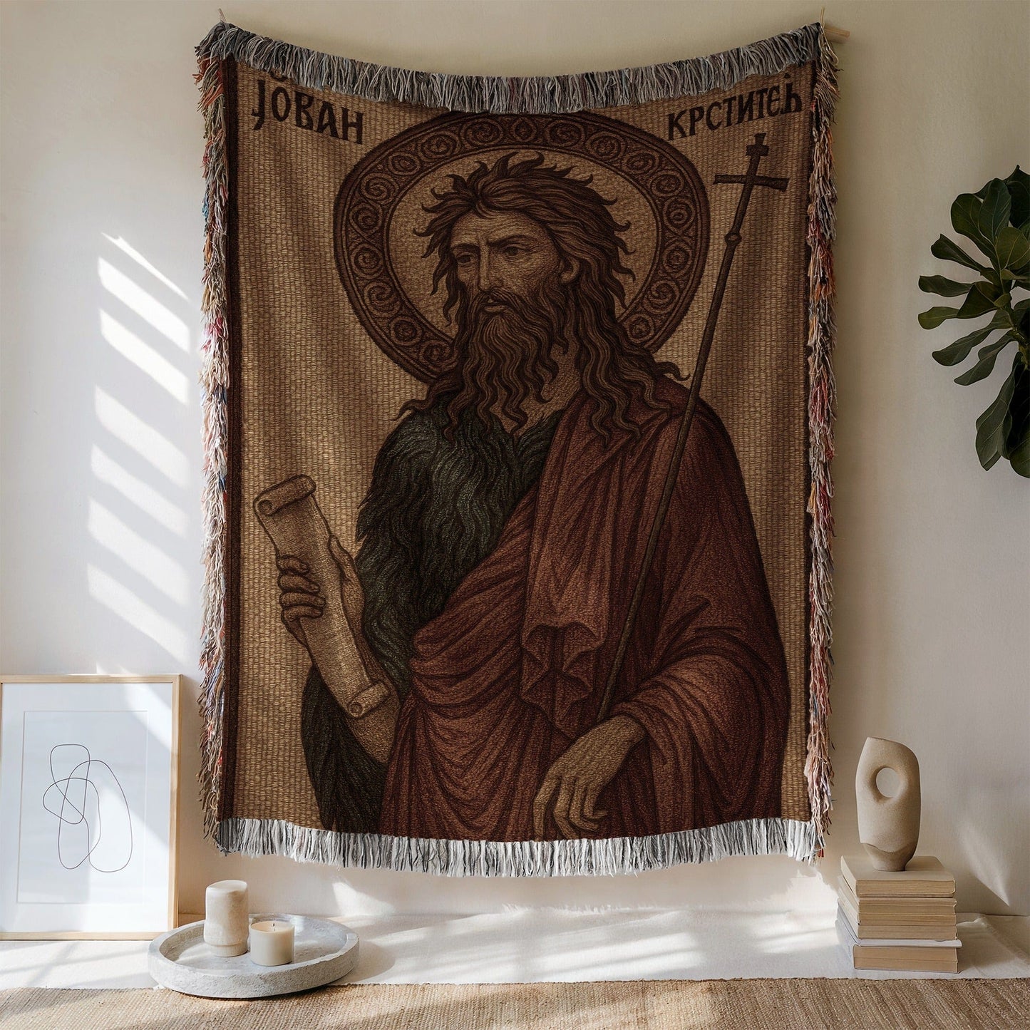 Religious Artwork with Saint Holding Scroll Tapestry