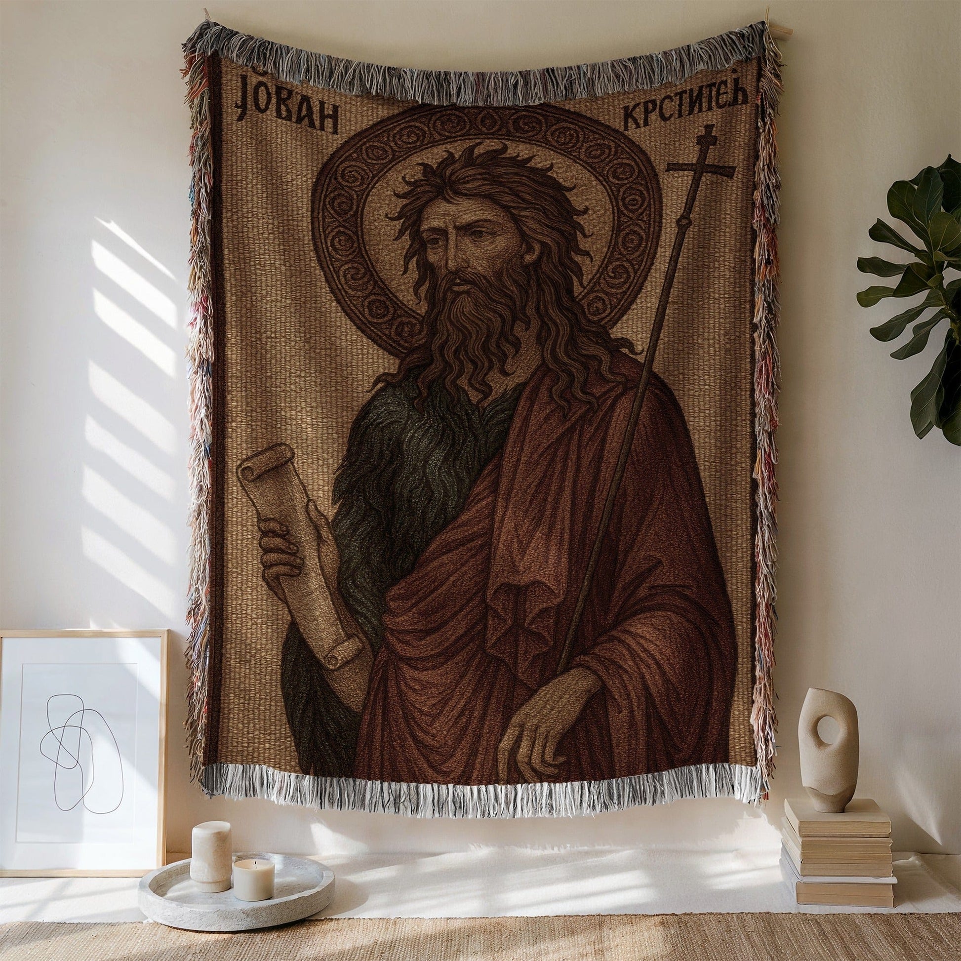 Religious Artwork with Saint Holding Scroll Tapestry